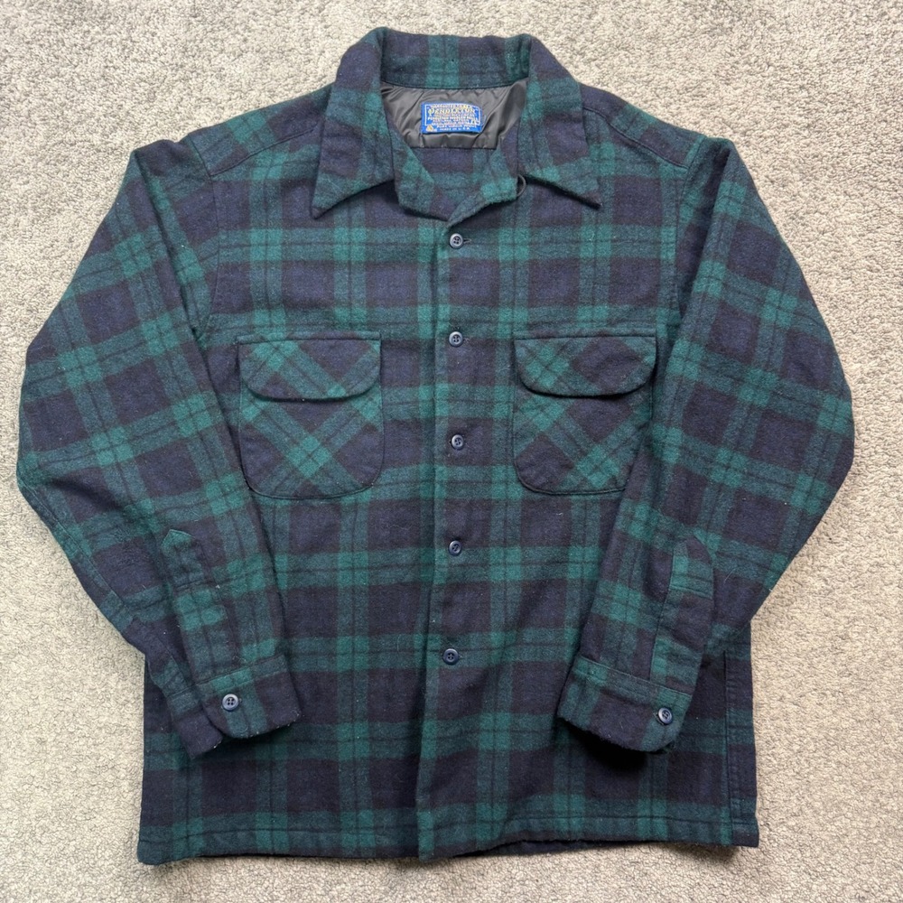 Pendleton Wool Shirt Jac Black Watch Tartan Plaid Size L Vintage Made in USA